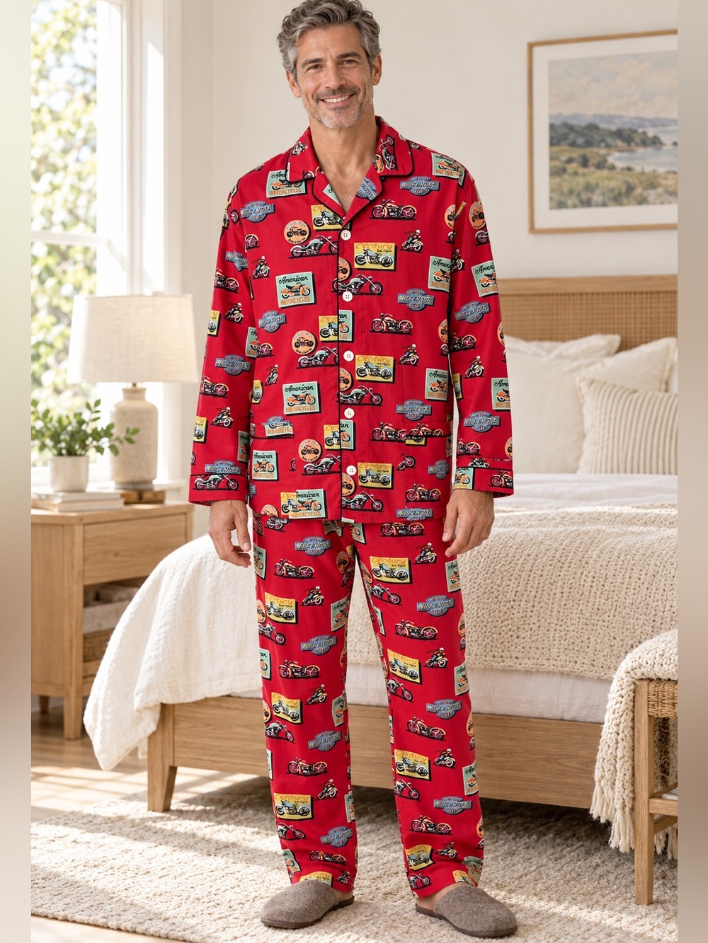 Nick & Nora Mens Motorcycle Pajamas Set Large Red Retro Biker Novelty Shirt Pant
